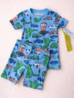 Carters Dinosaur Pajama Set 12M Blue Cars Dino 2 Piece NWT PJ PJS